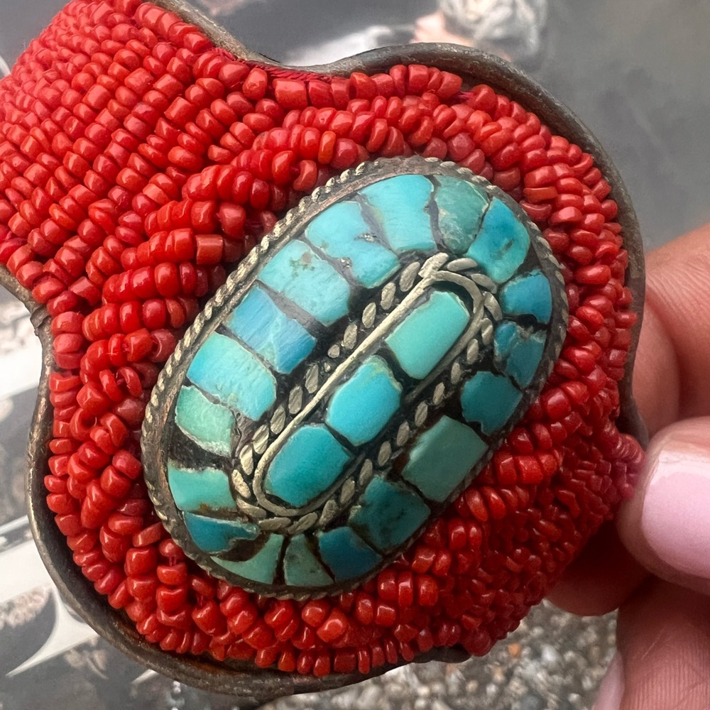 Red Beaded Bracelet with Turquoise Stone